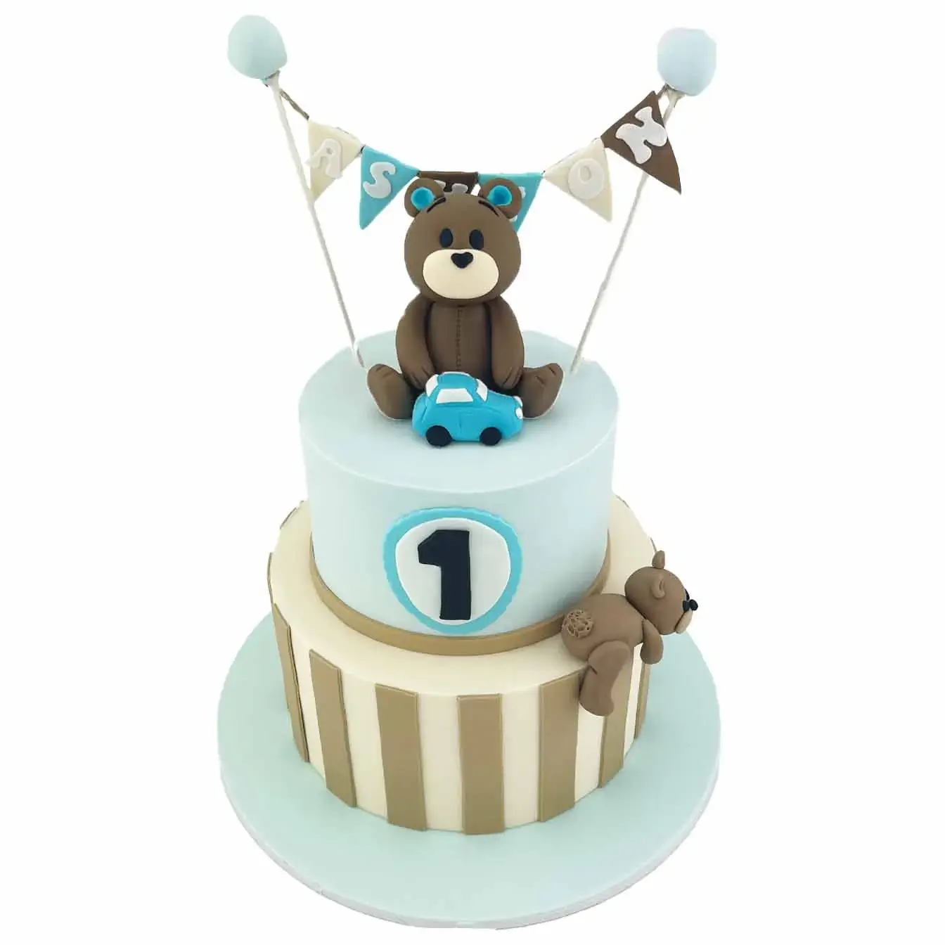 Teddy Bear Bunting Cake - A charming two-tier cake with moulded teddy bears, bunting, and stripes, perfect for joyous celebrations