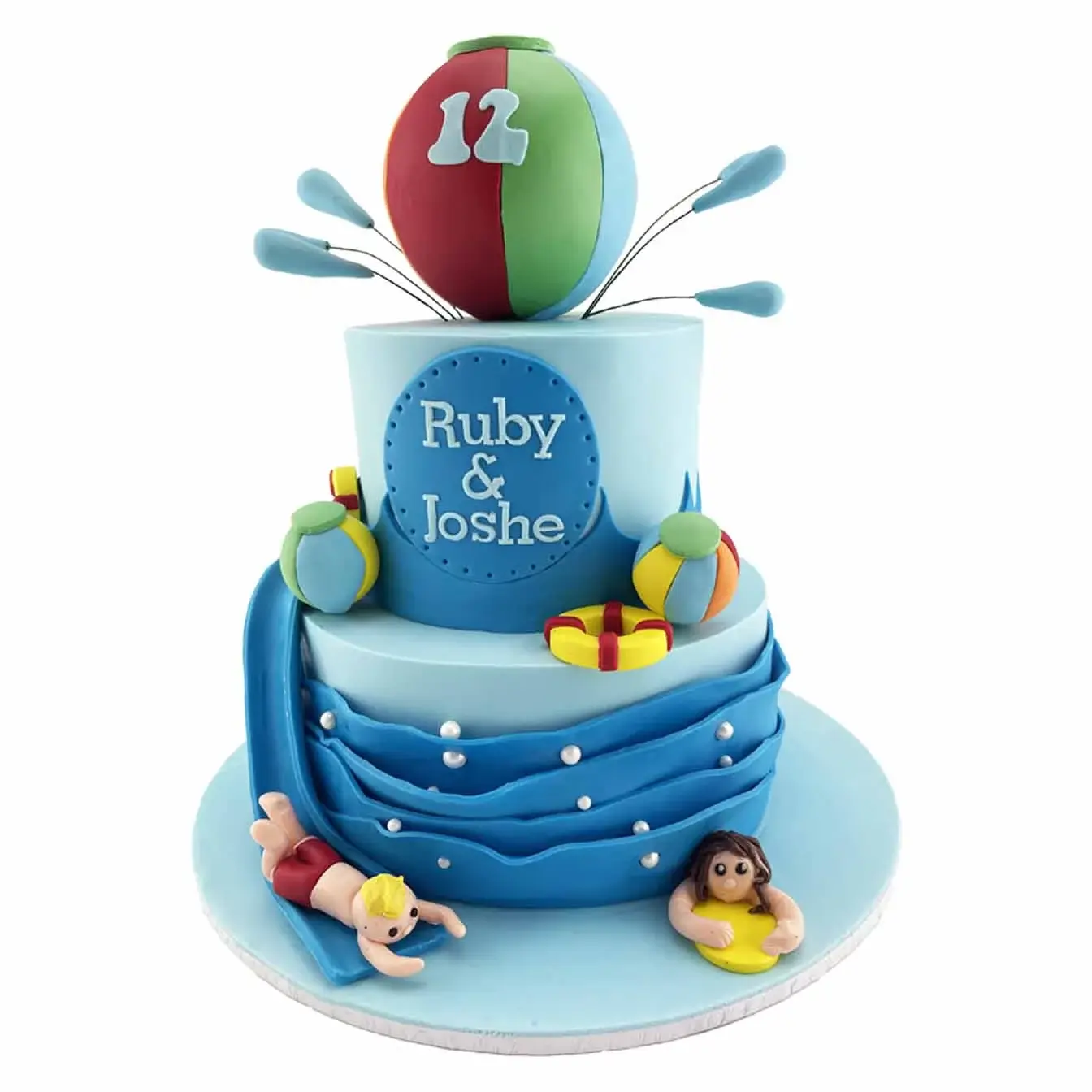 Splashin' Pool Party Cake - A two-tier blue iced cake with a waterslide and beachballs, bringing the fun and excitement of an Aussie pool party to your celebration.
