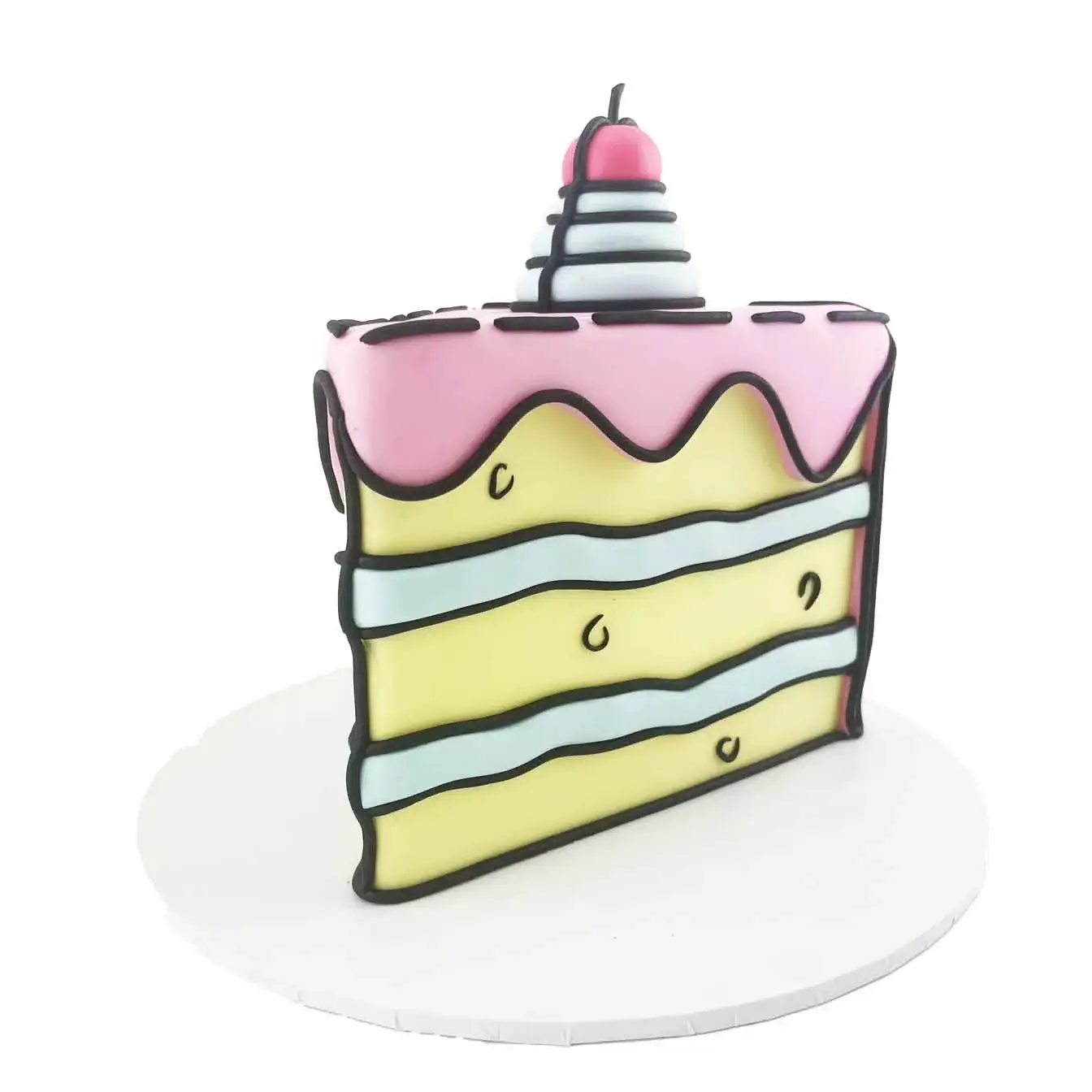 Cartoon-style cake with pink, yellow, and blue layers, decorated with a fun and playful design.