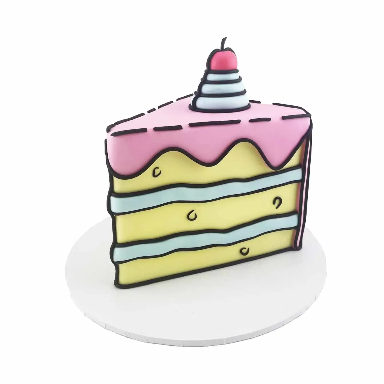 Cartoon-style cake with pink, yellow, and blue layers, decorated with a fun and playful design.