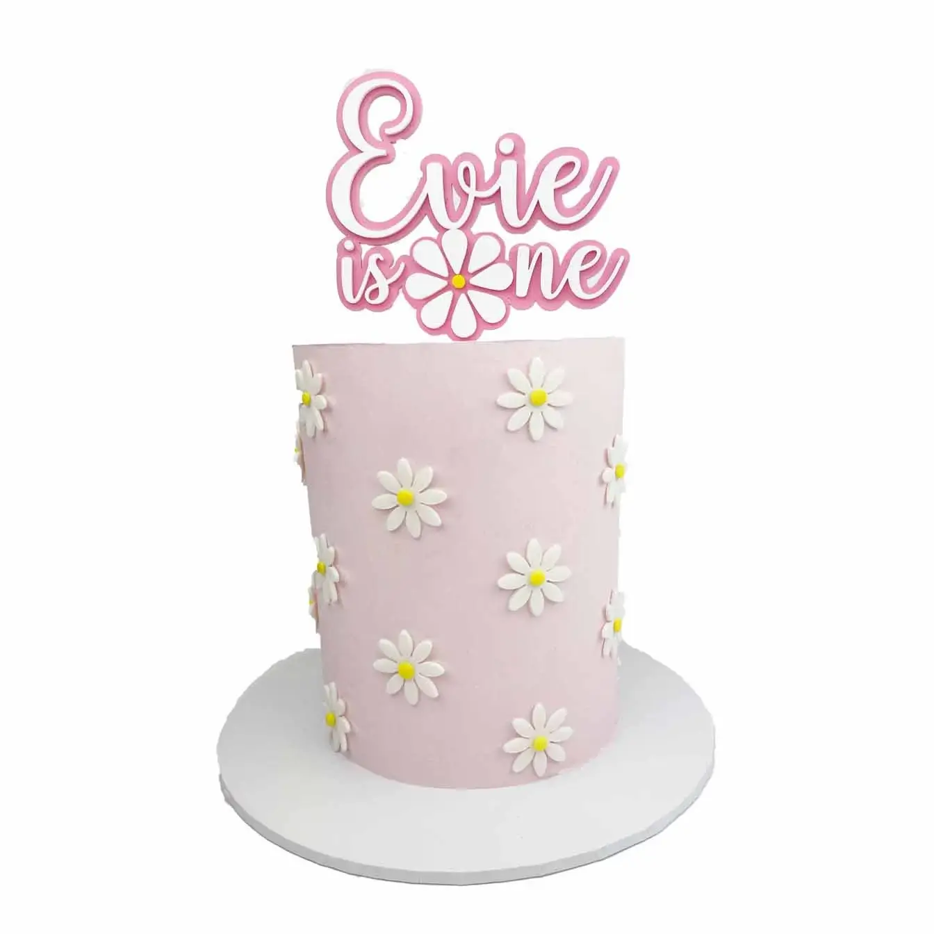 Daisy Delight Celebration Cake - A pink cake with white and yellow daisies and a custom cake topper, a charming centerpiece for celebrations filled with the freshness of spring.
