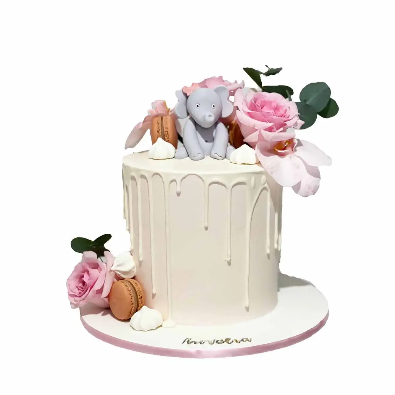 Floral Elephant Elegance Cake - A pink cake with a white drip, adorned with an edible elephant and fresh flowers, a stunning centerpiece for celebrations filled with grace and whimsy.
