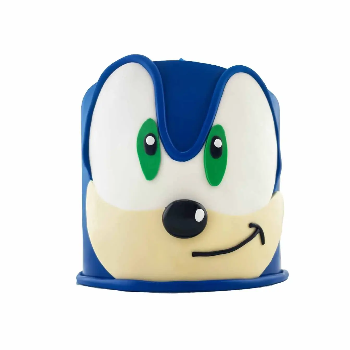 Sonic the Hedgehog cake designed to look like the iconic blue video game character, with red sneakers and a friendly smile, ideal for a Sonic-themed party or celebration.
