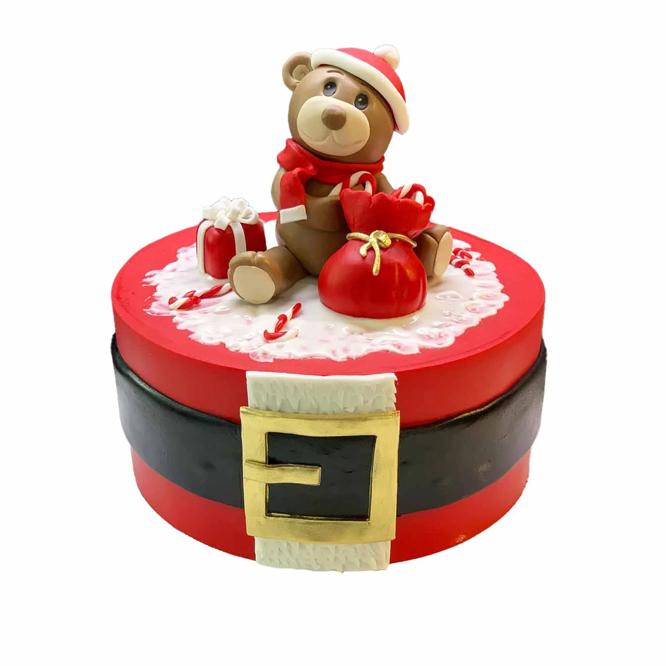 Santa's Teddy Bear Christmas Cake - A red fondant-iced cake with a Santa belt, a moulded teddy bear wearing a Santa hat, surrounded by Santa's sack and presents, a delightful centerpiece for festive Christmas celebrations.